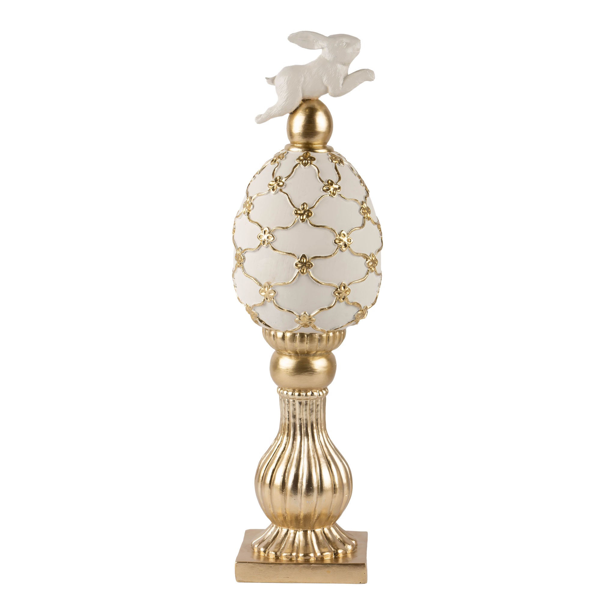 38cm Luxe Ivory and Gold Egg Finial with Bunny and Flowers - Seasonal Decor