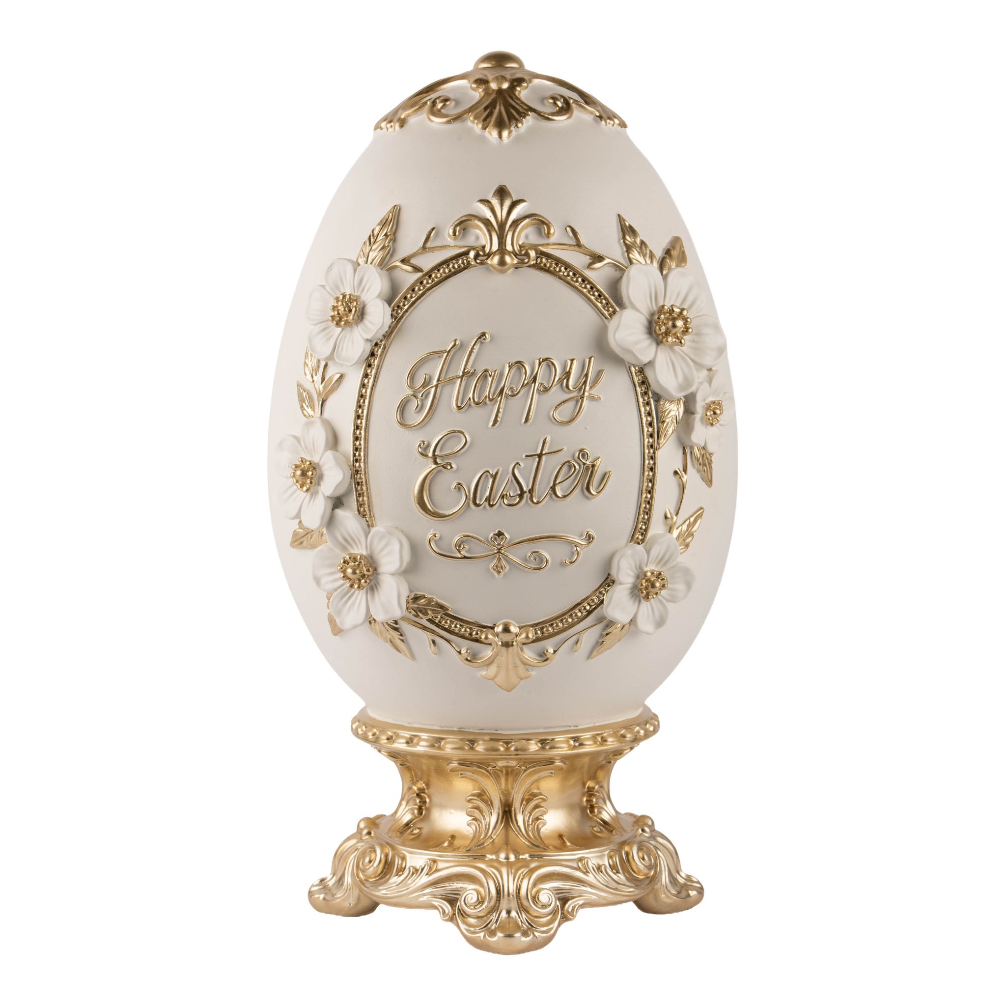 44.5cm Australian Exclusive Ivory and Gold Floral Happy Easter Egg Pedestal - Seasonal Decor