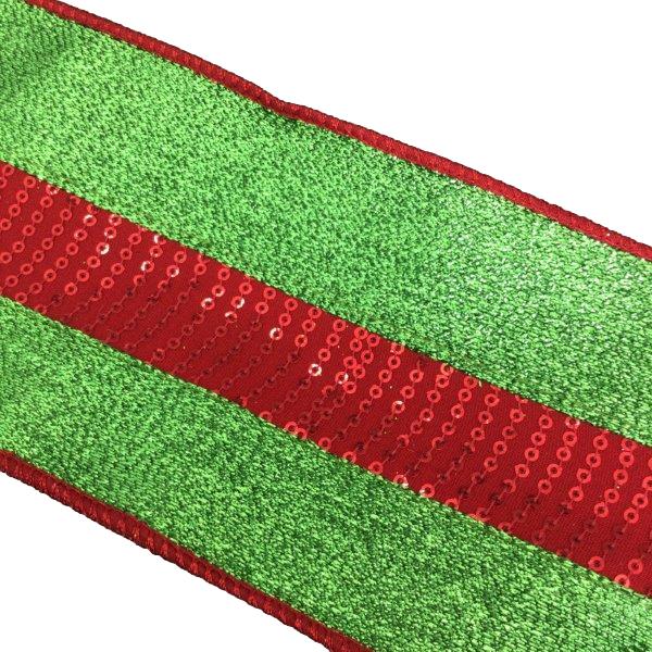 Green Metalic Red Stripe Ribbo - Seasonal Decor