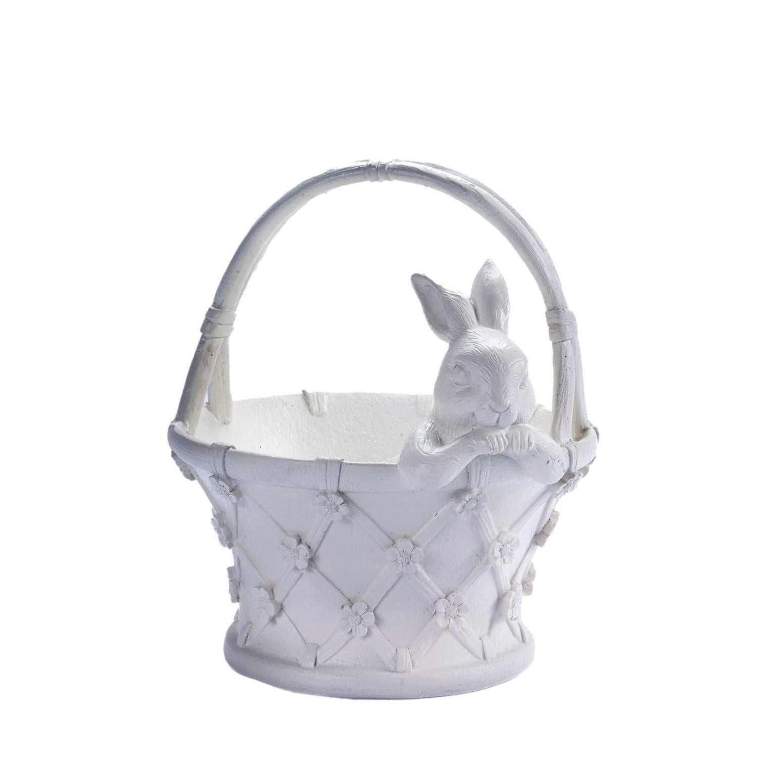 Deluxe White Bunny In Basket - Seasonal Decor