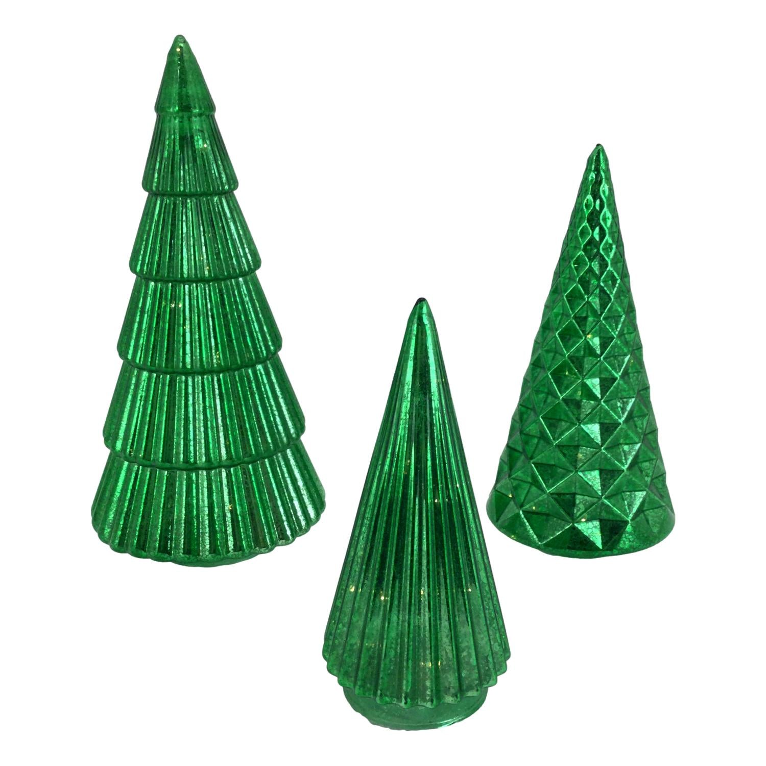 Set 3 Green Glass Trees - Seasonal Decor