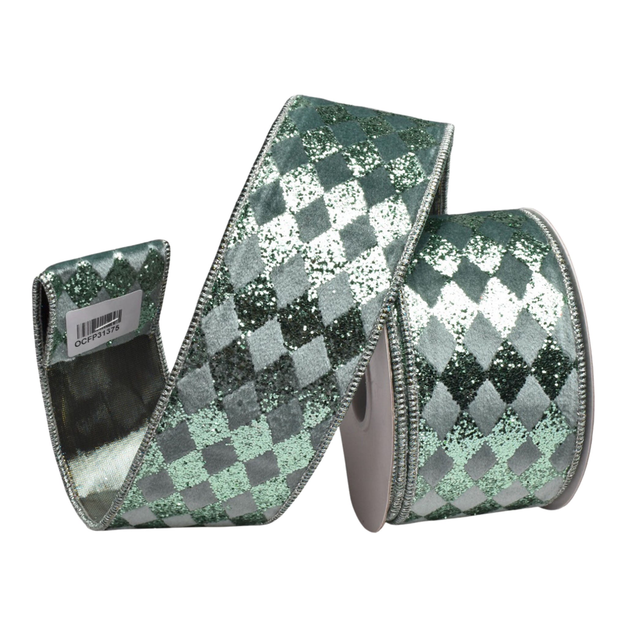 64mm Sage Harlequin Glitter Ribbon - Seasonal Decor