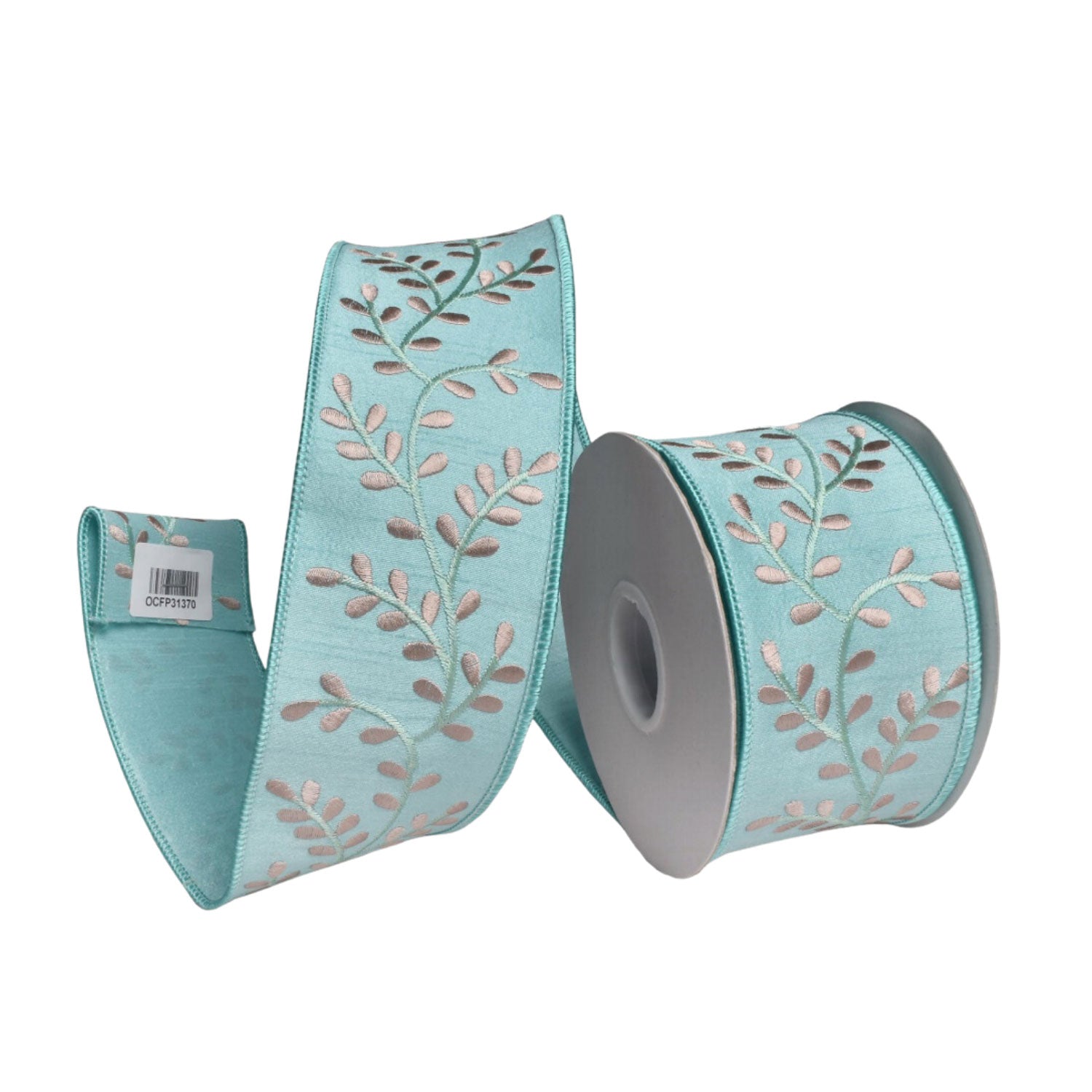 64mm Aqua W Leaves Ribbon - Seasonal Decor