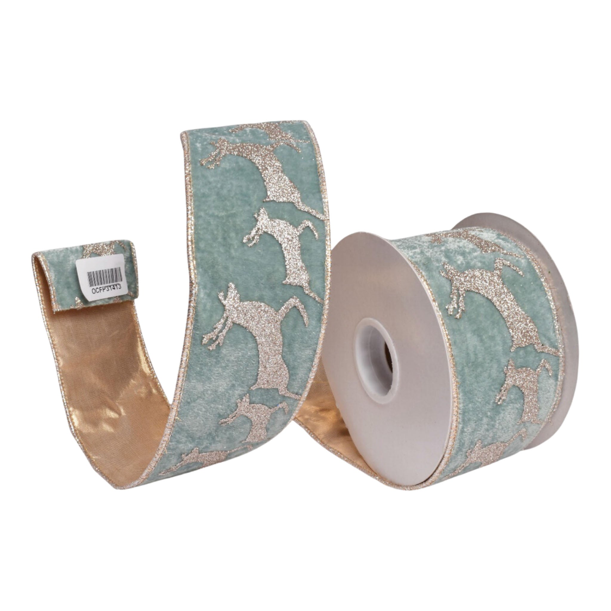 64mm Sage Gold Deer Ribbon - Seasonal Decor