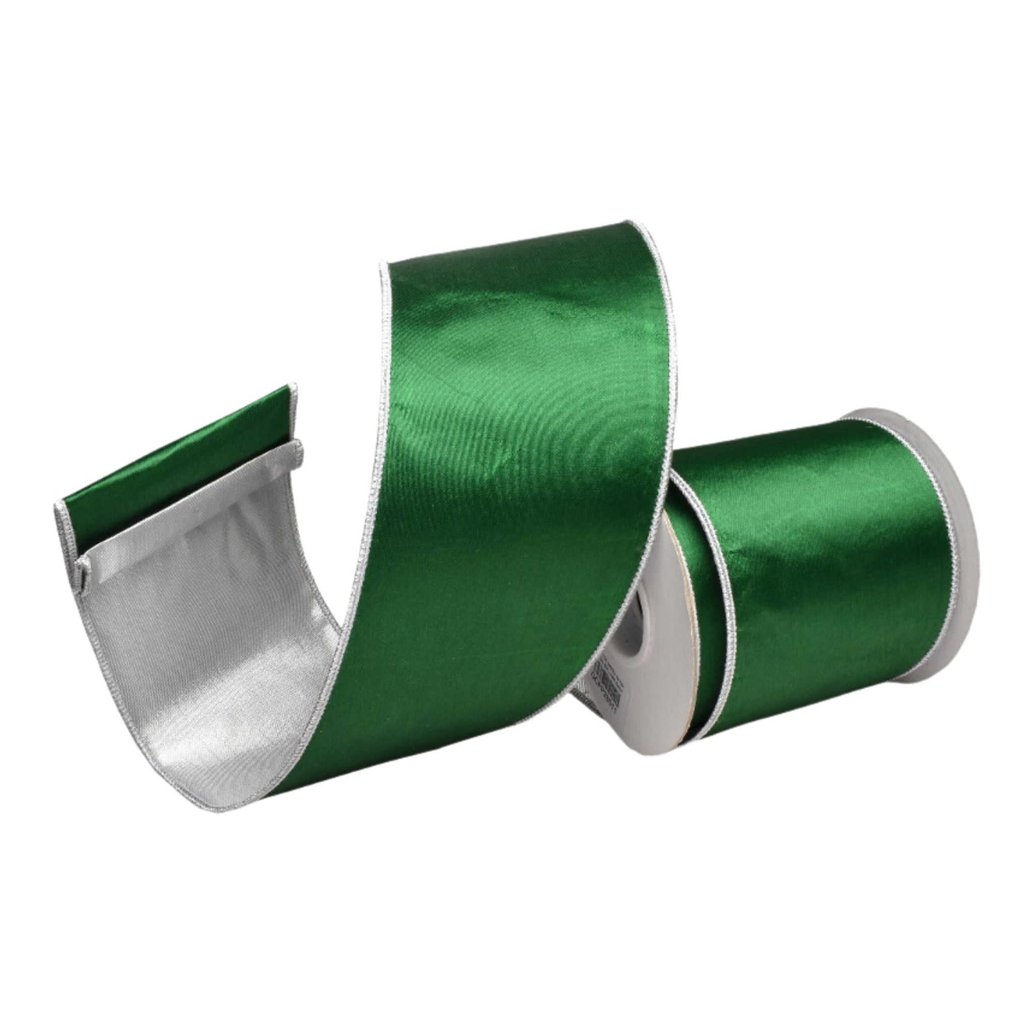 100mm Green Satin Silver Ribbo - Seasonal Decor