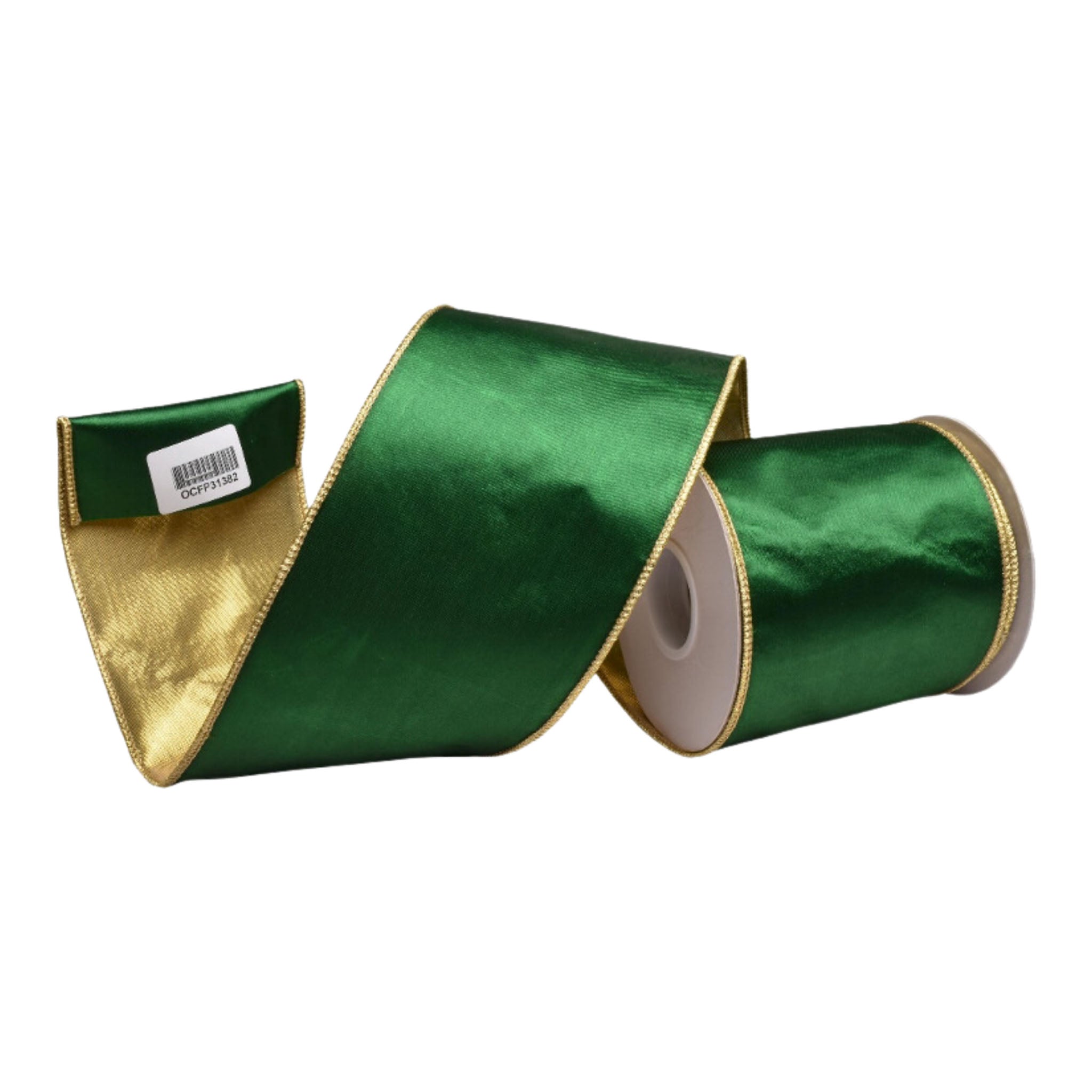 100mm Green Satin Gold Ribbo - Seasonal Decor