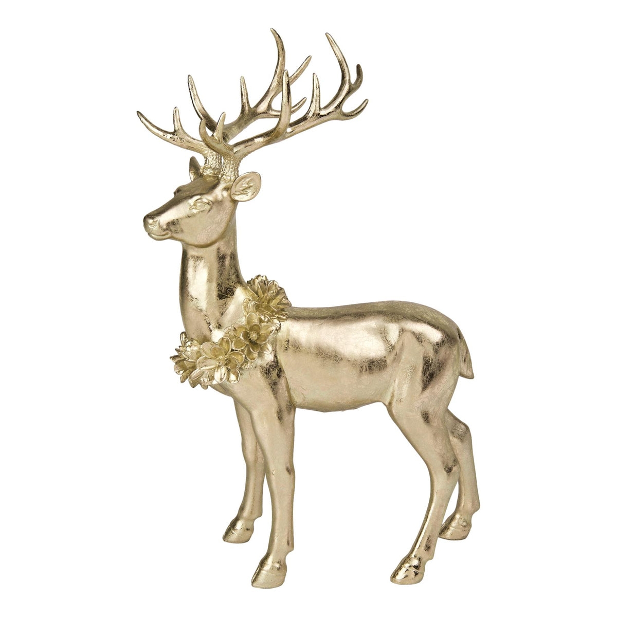 39cm Gold Standing Deer With Wreath