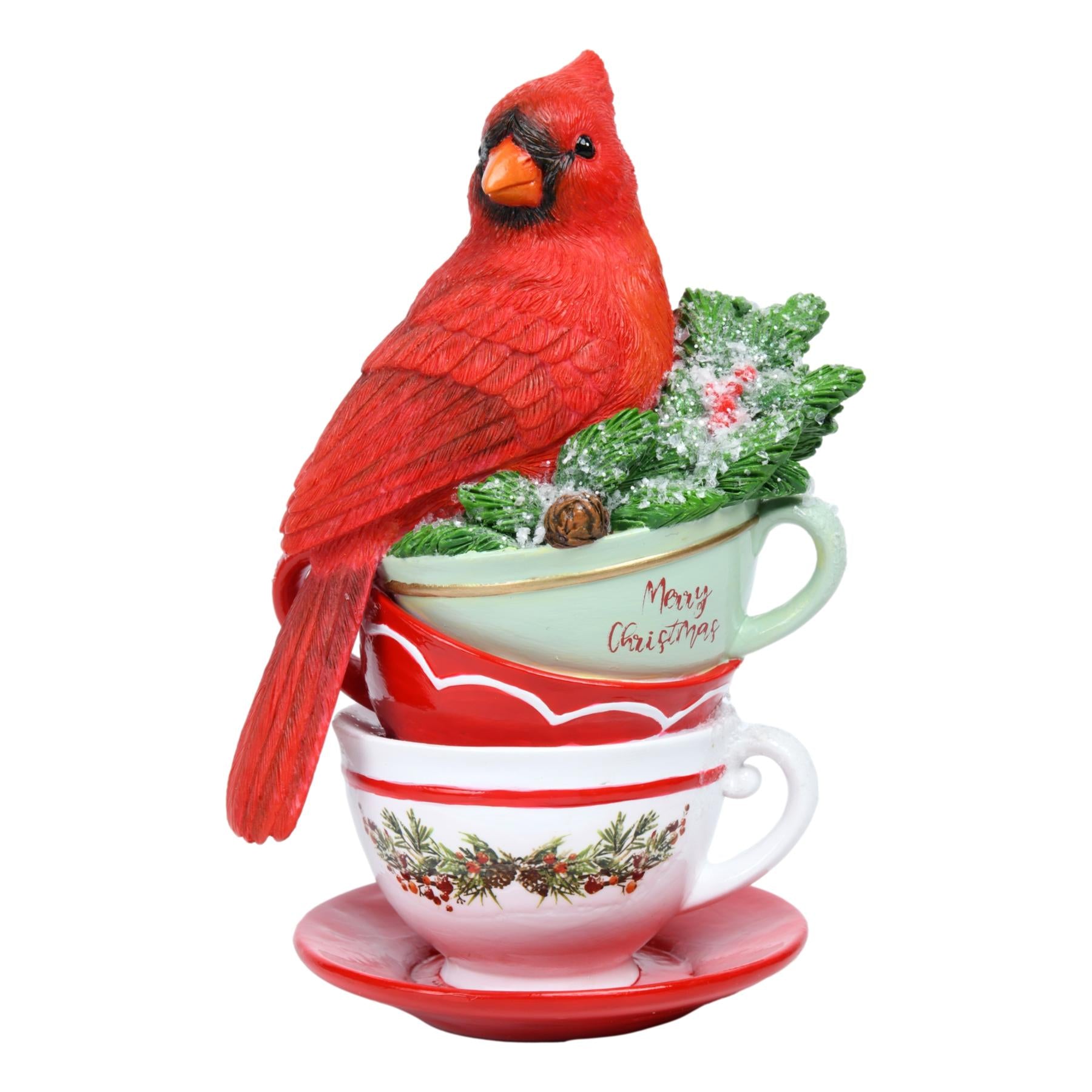 Red Cardinal Sitting On Stacking Cups - Seasonal Decor
