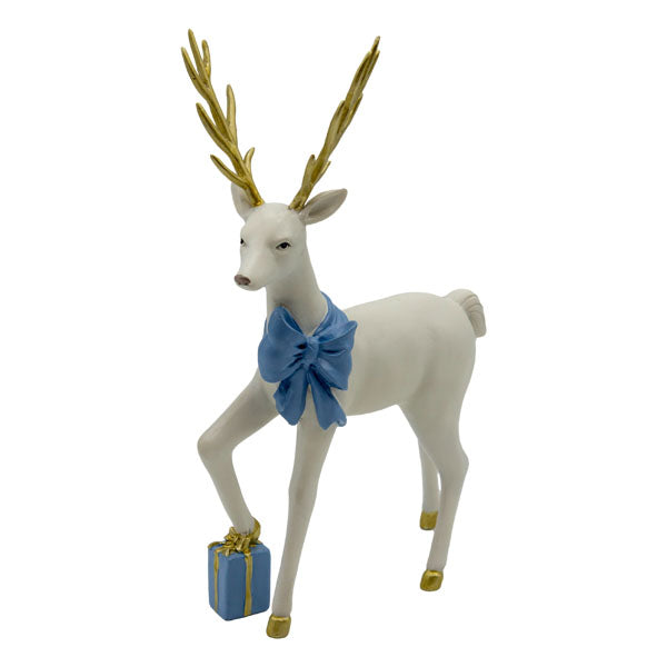 Standing White Reindeer Blue Bow - Seasonal Decor