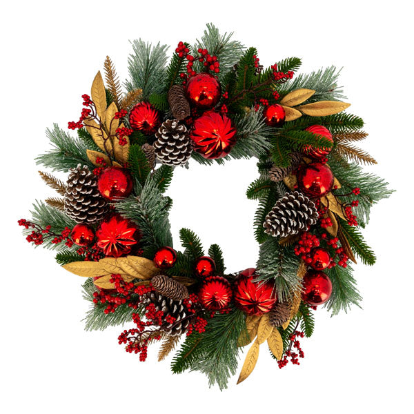 Red Bauble Gold Wreath - Seasonal Decor