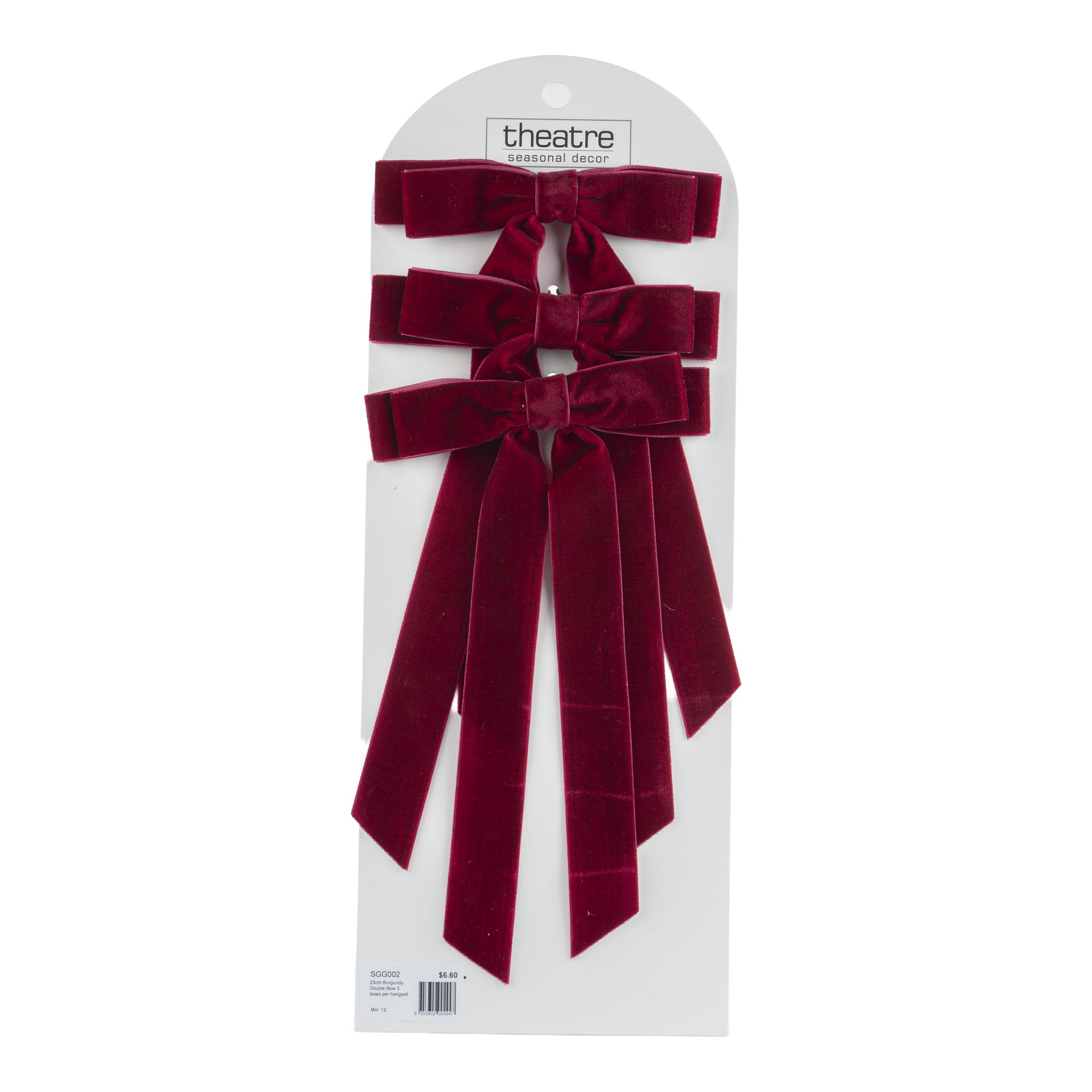 23cm Burgundy Double Bow 3 bows per hangsell - Seasonal Decor