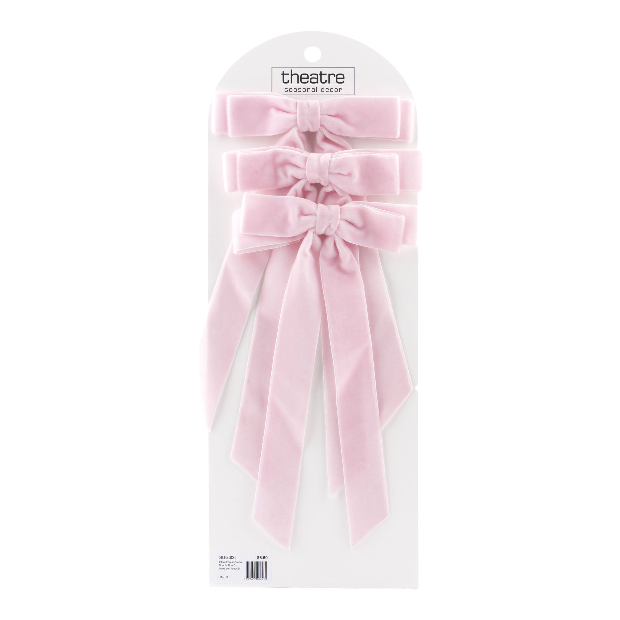 23cm Pale Pink Double Bow 3 bows per hangsell - Seasonal Decor