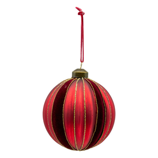 Red Flock Stripe Ball - Seasonal Decor