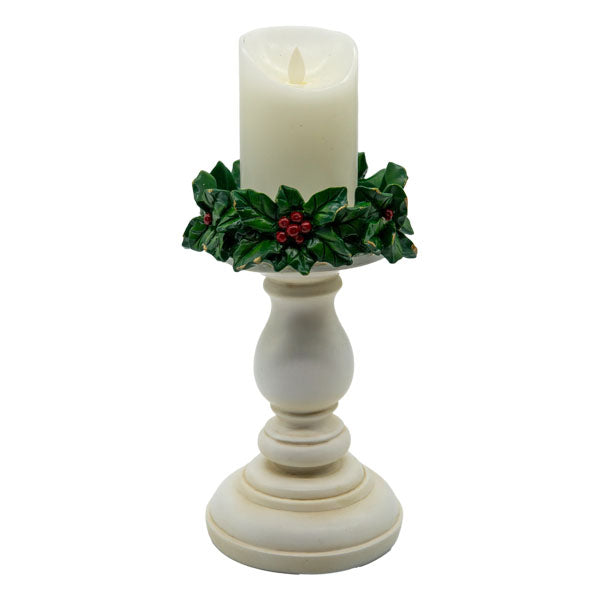 White Candlestick Holly Sm - Seasonal Decor