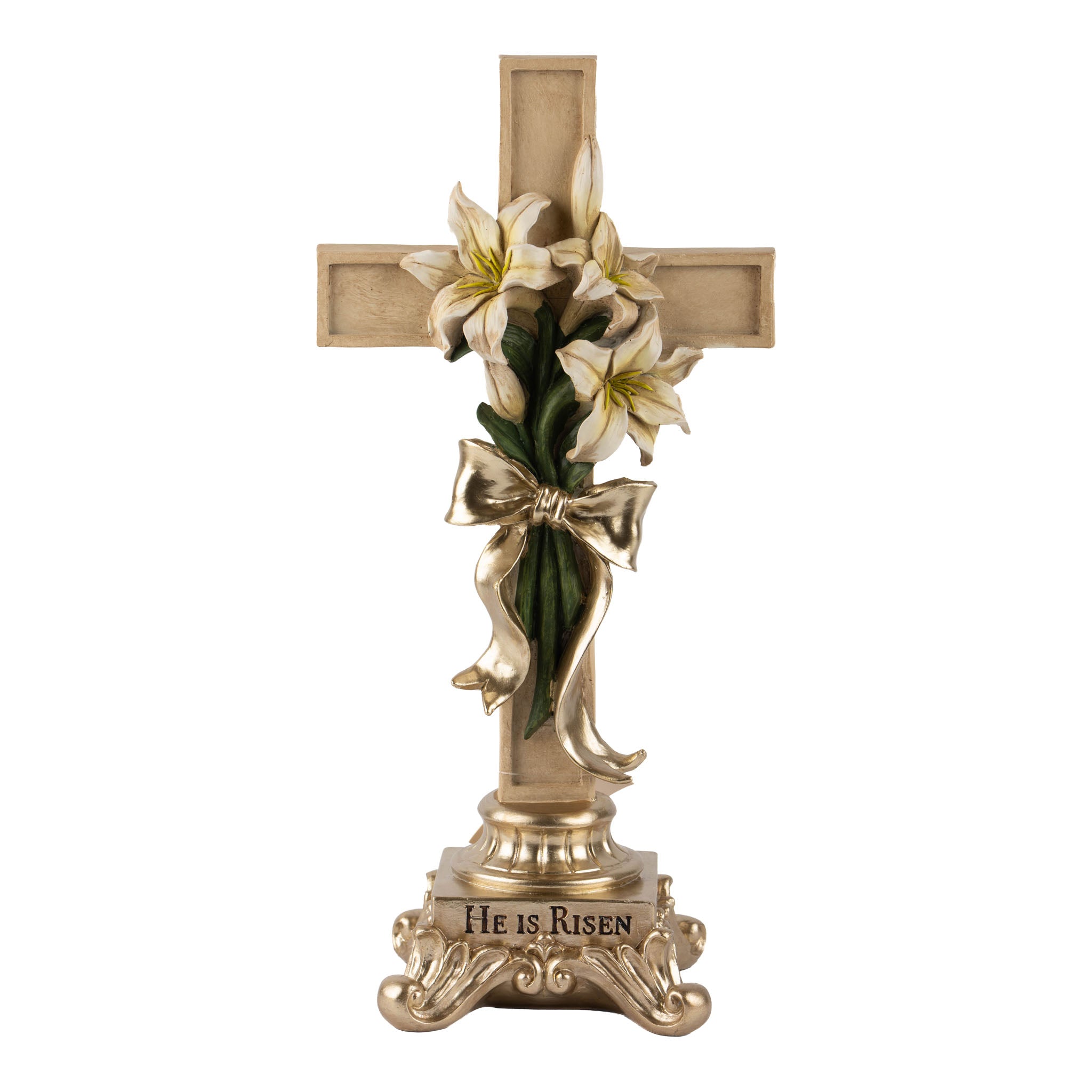 34cm Luxe Gold Cross Pedestal with Floral Design - Seasonal Decor