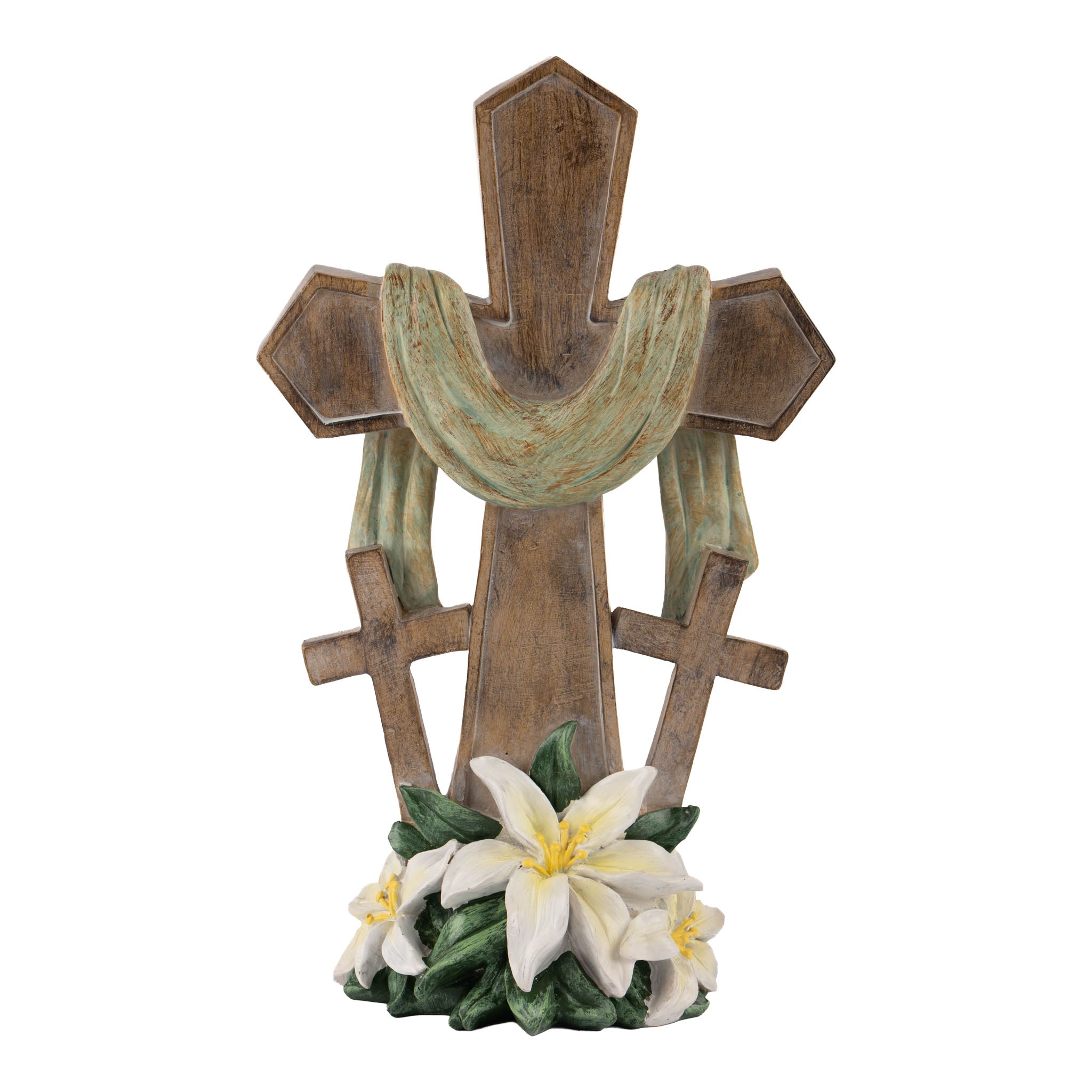 25cm Natural Cross Pedestal with Green Sash and Lily design - Seasonal Decor